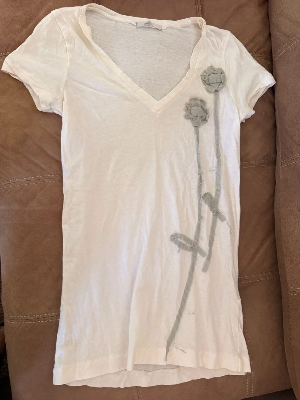 J. Crew White V-Neck Short Sleeve Tee with Gray Floral Appliqués